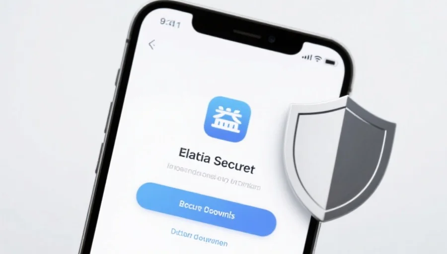 一部现代智能手机屏幕上显示益达应用的安全下载界面，旁边有安全盾牌图标，背景简洁